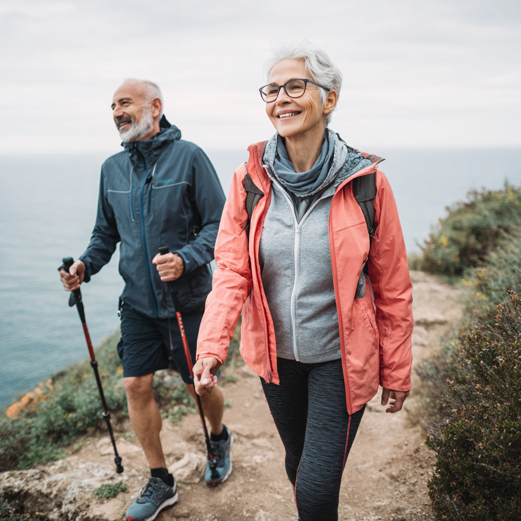 Middle-aged adults demonstrating improved mobility and confidence in outdoor activity