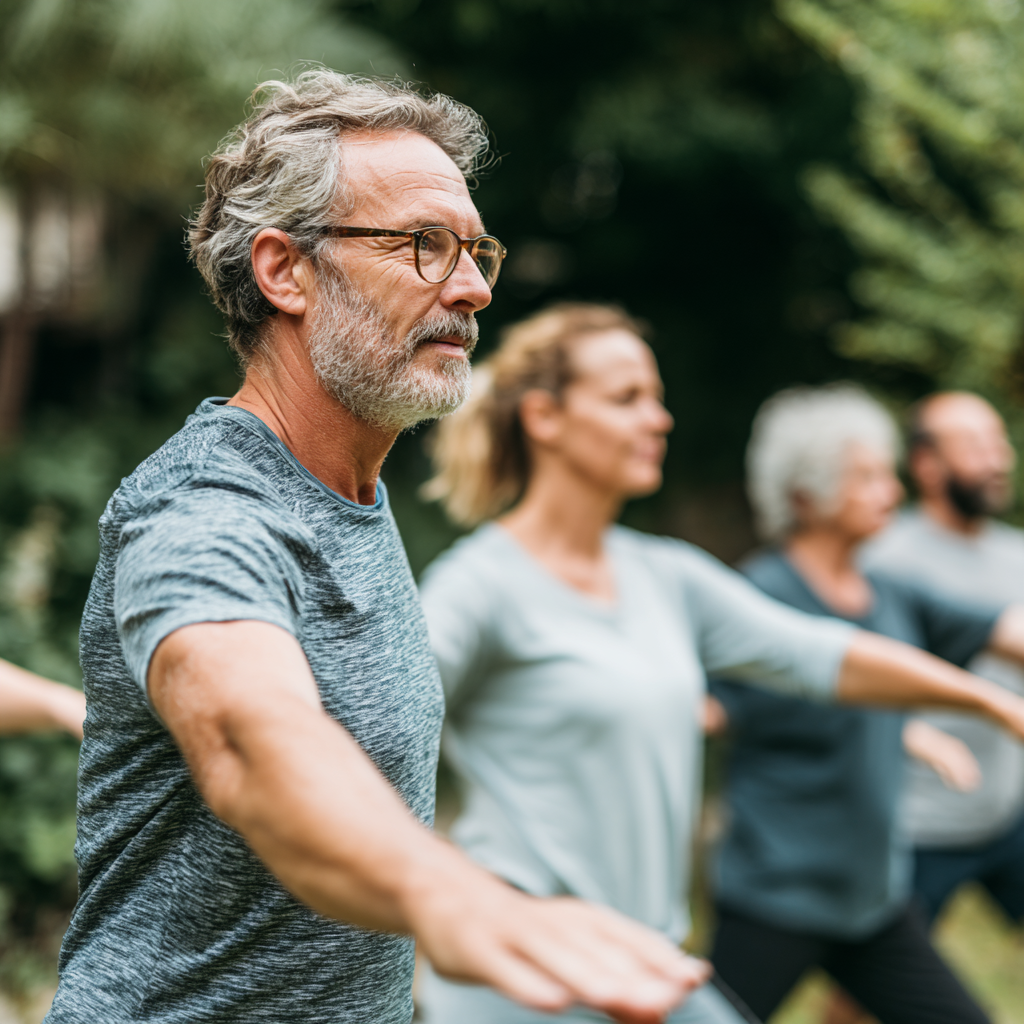 Middle-aged adults practicing gentle movement exercises in natural outdoor setting